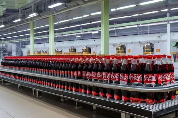 Foto línea de embotellado de coca-cola en la fábrica