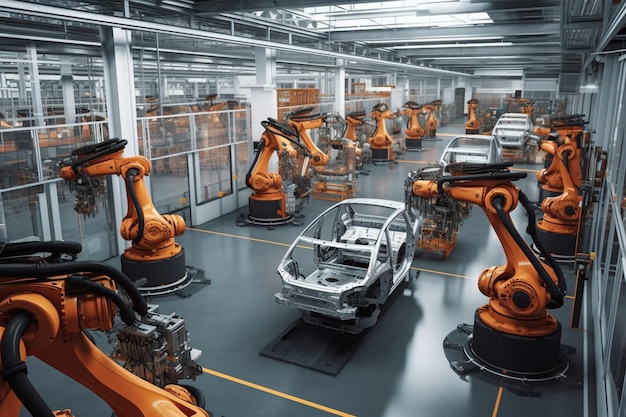 Línea de ensamblaje automatizada de brazos robóticos que produce vehículos eléctricos de alta tecnología creados con IA generativa