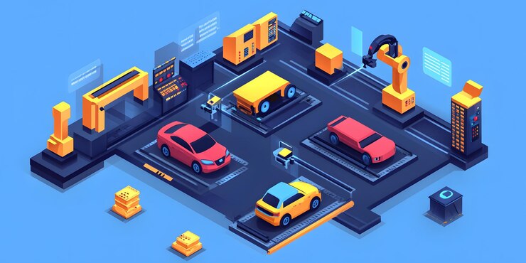 Foto línea de ensamblaje automotriz con automóviles y robots