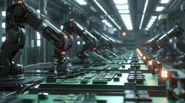 Foto línea de ensamblaje de pcb futurista componentes de colocación de brazos robóticos meticulosos