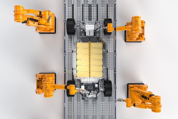 Línea de ensamblaje de robots con batería de automóviles de oro en la plataforma del tren de aterrizaje