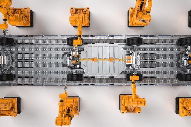 Línea de ensamblaje de robots con batería de automóviles en la plataforma del tren de aterrizaje