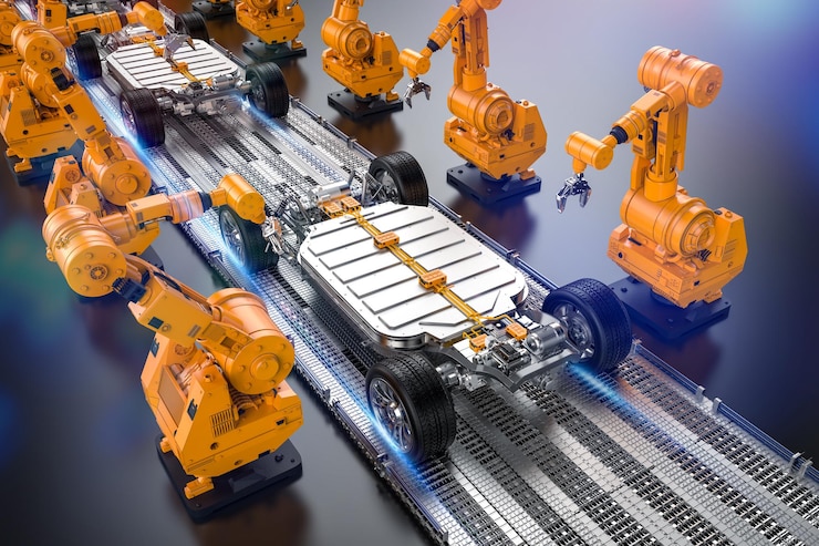 Foto línea de ensamblaje de robots con batería de automóviles en la plataforma del tren de aterrizaje