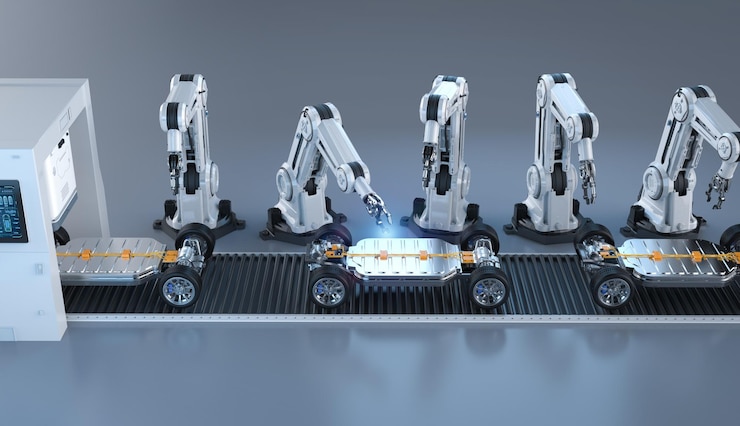 Foto línea de ensamblaje de robots con batería de automóviles en la plataforma del tren de aterrizaje