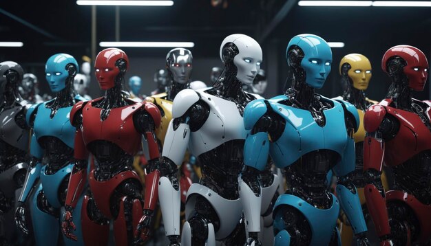 Una línea de ensamblaje de robots humanoides