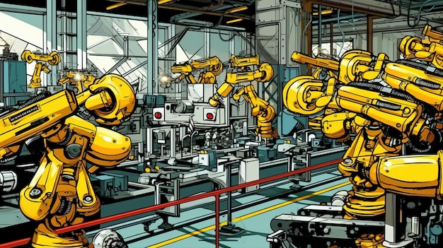 Línea de ensamblaje de robots industriales Concepto de fantasía Pintura de ilustración