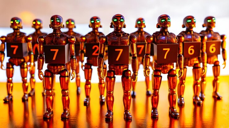 Foto una línea de estatuas de robots naranjas están alineadas con números en ellos