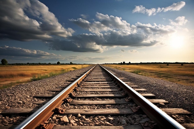 una línea ferroviaria con una puesta de sol en el fondo