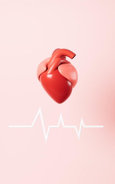 Línea de frecuencia de latidos del corazón humano y renderizado 3d del latido del corazón del pulso del cardiograma