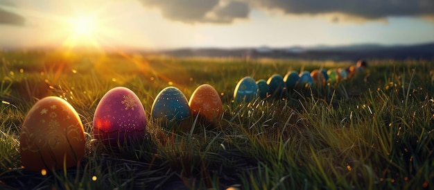 Línea de huevos de Pascua en el campo