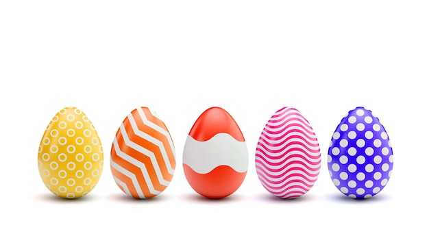 Una línea de huevos de Pascua con patrones decorados de colores