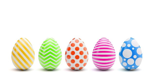 Una línea de huevos de Pascua con patrones decorados de colores