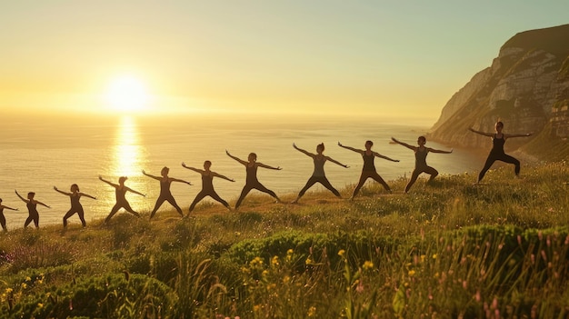Una línea de individuos en Warrior II posa hacia el horizonte destacando la flexibilidad y el poder al aire libre Día Internacional del Yoga