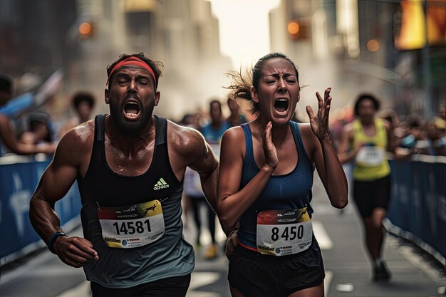 Foto la línea de meta del maratón momento emocional la gente llora en la carrera del maratón