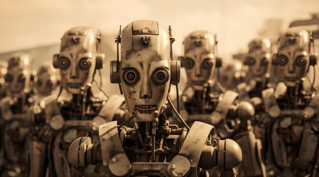 una línea militar de robots gigantes con un fondo de estilo sepia