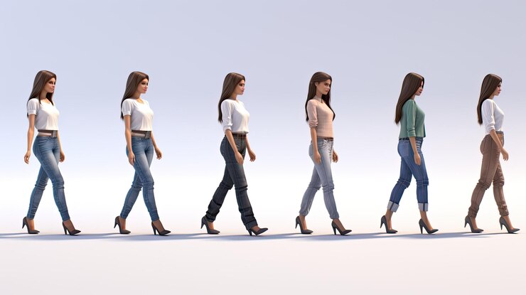 Línea de la misma chica en diferentes trajes caminando