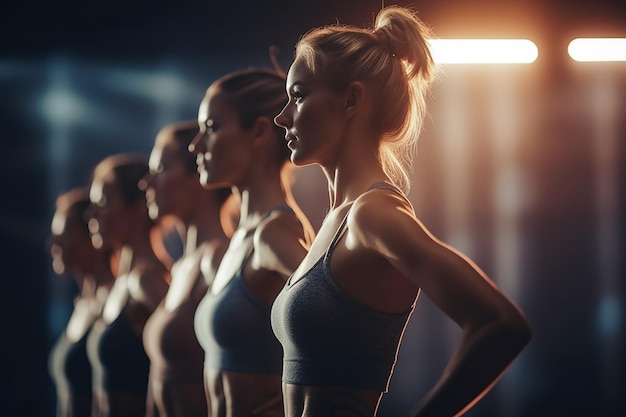 la línea de modelos femeninas frente a una luz brillante