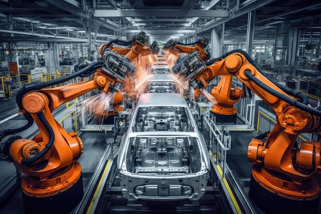 Una línea de montaje con brazos robóticos trabajando diligentemente en un automóvil Línea de montaje robótica en una fábrica de automóviles AI generada