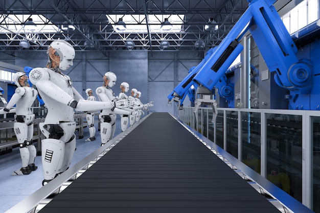 Línea de montaje de robot de renderizado 3D con brazos de robot y cyborgs