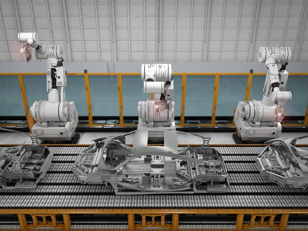 Línea de montaje de robot de renderizado 3D en la fábrica de automóviles