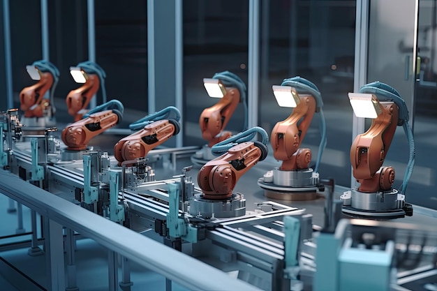 Línea de montaje robótica avanzada con robots que realizan tareas delicadas y precisas