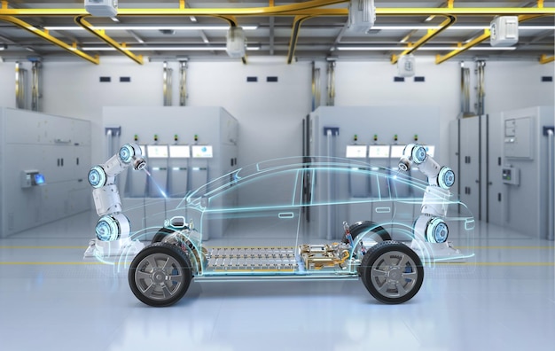 Línea de montaje de robots con módulo de celdas de batería de coche eléctrico en plataforma