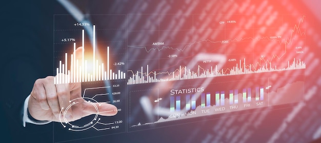 Línea de pantalla táctil de empresario del mercado de valores o gráfico de comercio de divisas y gráfico de velas adecuado para el concepto de inversión financiera Antecedentes de tendencias económicas para ideas de negocios y todo el diseño de obras de arte