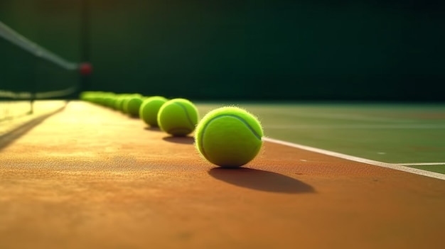 Una línea de pelotas de tenis en una cancha de tenis