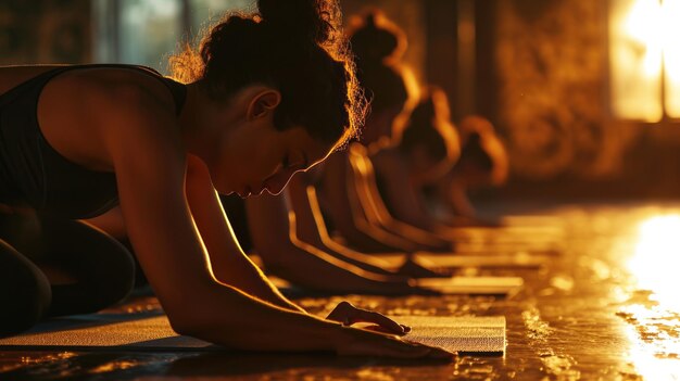 Línea de personas en una clase de yoga realizando una postura de flexión hacia adelante con el enfoque en una mujer en primer plano