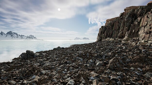 La línea de pestañas de las olas del mar impacta la roca en la representación 3d de la playa