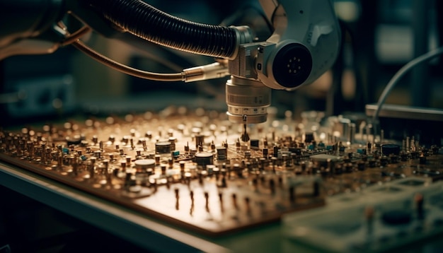La línea de producción automatizada utiliza maquinaria compleja para fabricar chips de computadora generados por IA