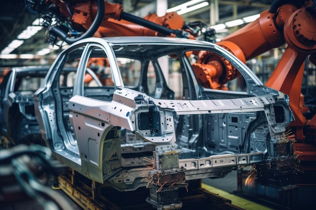 Foto línea de producción de automóviles soldadura de carrocería de automóviles planta de ensamblaje de automóviles moderna industria automotriz interior de una fábrica de alta tecnología producción moderna