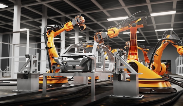 Línea de producción de automóviles utilizando robots para trabajar en fábricas inteligentes. Ilustración 3d