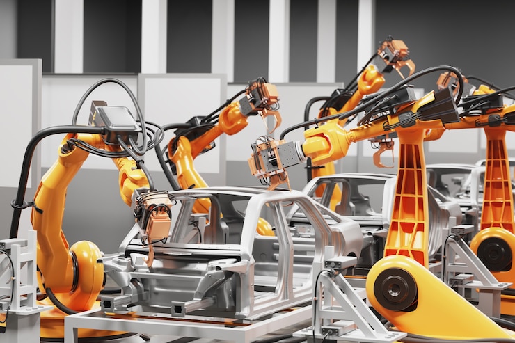 Foto línea de producción de automóviles utilizando robots para trabajar en fábricas inteligentes. ilustración 3d