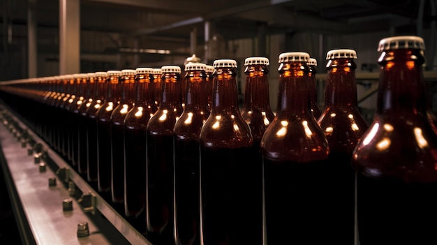 Línea de producción de bebidas con IA generativa un transportador de cervecería una línea de producción sofisticada y botellas de cerveza de vidrio marrón