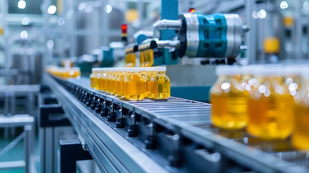 Línea de producción de contenedores de miel y aceite Para mostrar la eficiencia y la automatización de los procesos de producción y envasado de alimentos en un entorno de fábrica