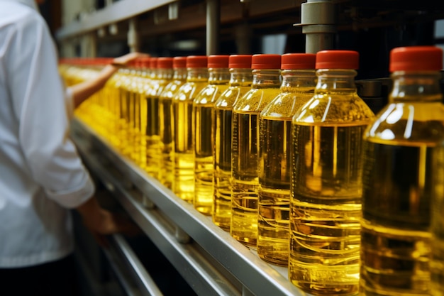 Foto línea de producción en una fábrica que llena contenedores con aceite de semilla de girasol refinado