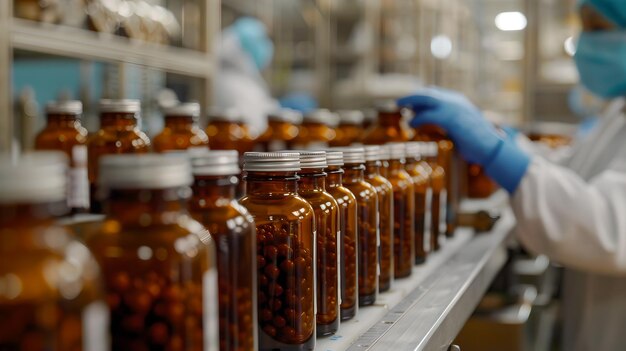 Línea de producción farmacéutica con botellas de vidrio ámbar Trabajador inspeccionando el embalaje de medicamentos Escena de fabricación de atención médica industrial IA