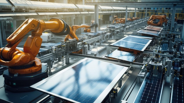 Foto línea de producción de paneles solares con brazo robótico los paneles solares se ensamblan en una cinta transportadora