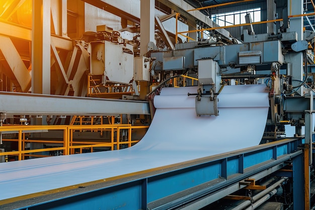 Línea de producción de papel industrial con maquinaria en funcionamiento.