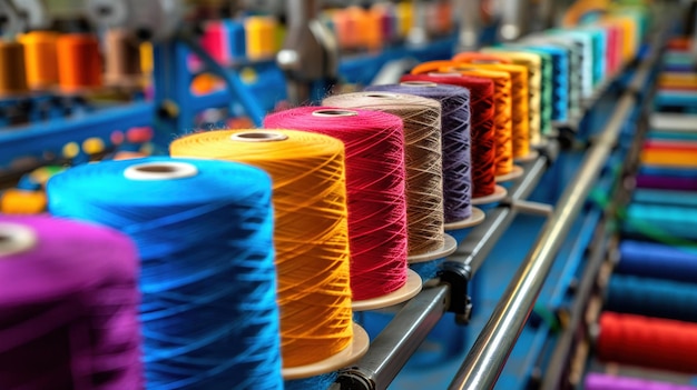 Línea de producción textil con una vibrante variedad de bobinas de hilo de colores en un entorno industrial