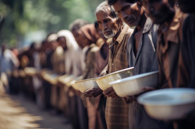 Línea de refugiados hambrientos esperando recibir alimentos Primer plano