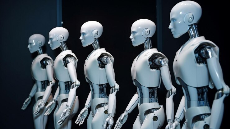 Foto una línea de robots humanoides ia generativa
