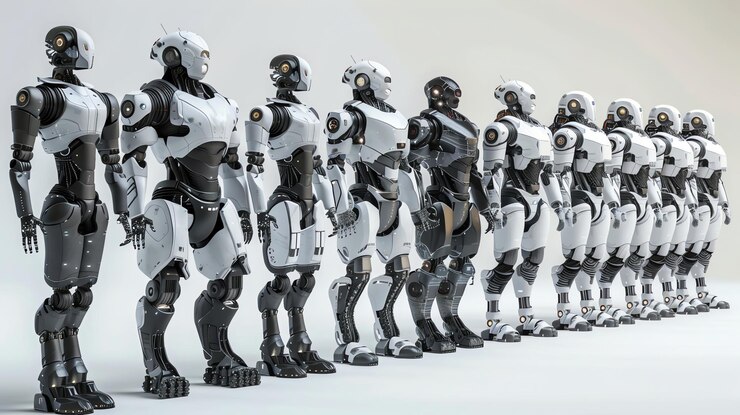 Foto una línea de robots de pie en formación