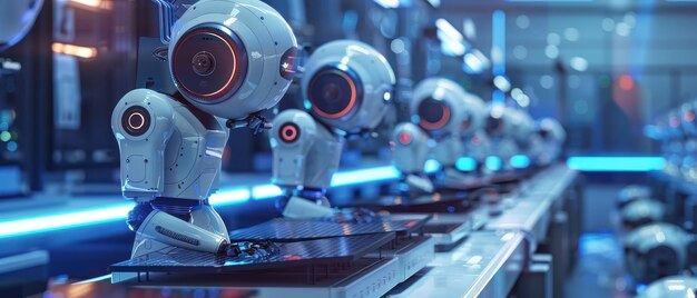 Línea de robots trabajando en el ensamblaje de paneles solares en una fábrica de alta tecnología con iluminación azul