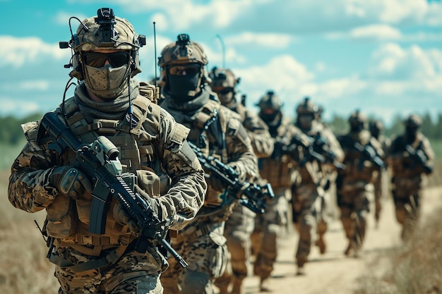 Foto una línea de soldados con armas están alineados en una línea