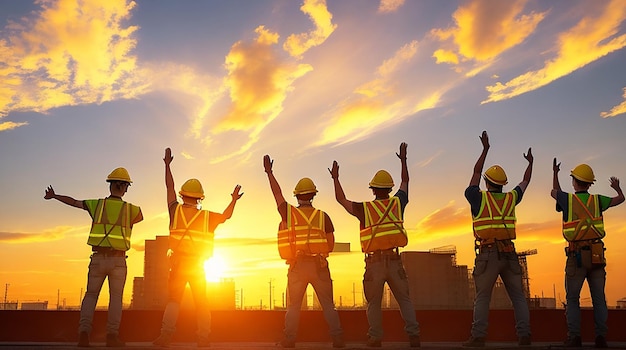 Una línea de trabajadores de la construcción con chalecos amarillos y cascos rígidos levantan las manos al unísono con siluetas