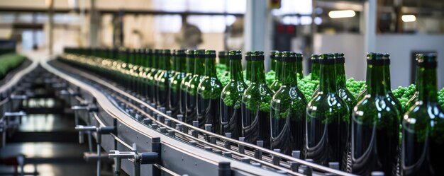 Foto línea de transporte con botellas de cerveza y vino producción de la industria alimentaria