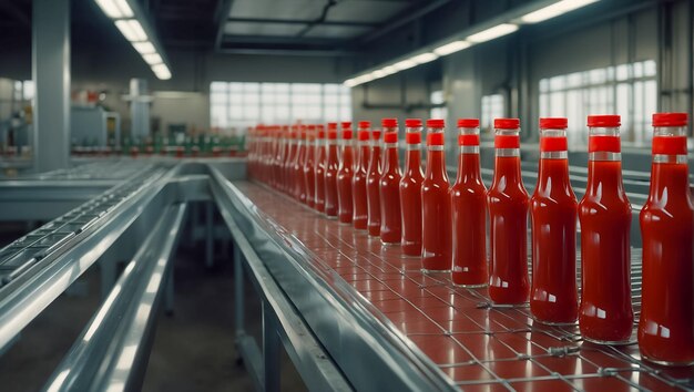Foto línea de transporte con botellas de ketchup