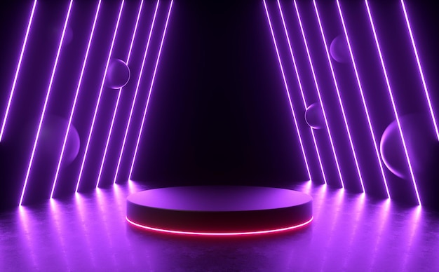 Línea de visualización de podio futurista moderno de ciencia ficción de neón Led luz púrpura fondo abstracto representación 3d